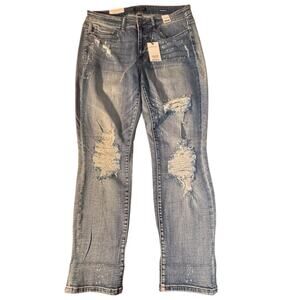 Judy Blue Boyfriend Fit Jeans 14W Mid Rise Distressed Paint Spatter Stretch NWT